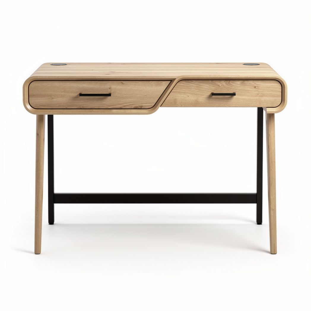 Wooden writing desk with black metal legs and two drawers 120 x 60 x 75cm