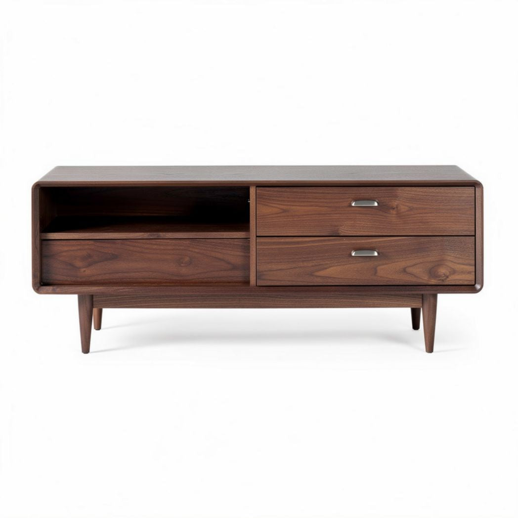 Mid-century modern walnut wood media console with storage drawers 120 x 40 x 50cm