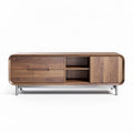 Walnut wood media console with storage drawers and open shelving 150 x 45 x 60cm